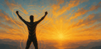Person standing with arms raised on a mountain at sunrise, radiant light symbolizing empowerment and strengths based practice.