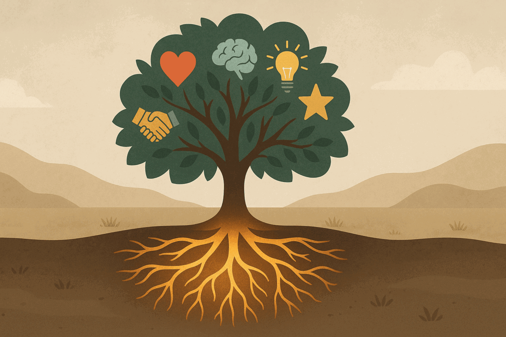 Tree with glowing roots and symbolic icons on its branches representing core values, illustrating strengths based practice and personal growth.