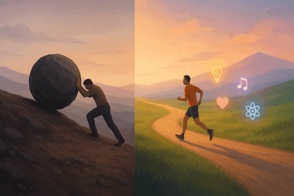 Split scene of a man struggling uphill with a boulder versus gliding on a vibrant path, symbolizing strengths based practice.