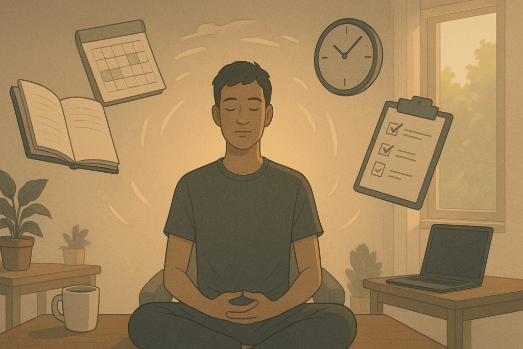 Man meditating in a calm office as journal, calendar, and checklist float around, illustrating strengths based practice through routine.