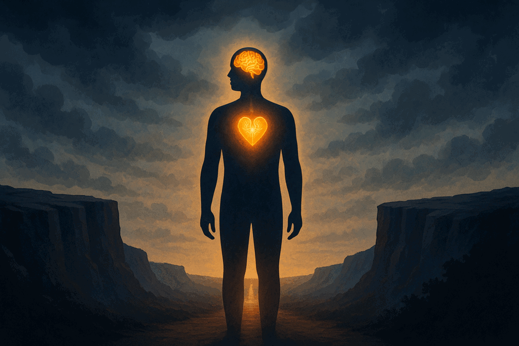 Glowing human figure with illuminated brain and heart standing between cliffs, symbolizing resilience through strengths based practice.