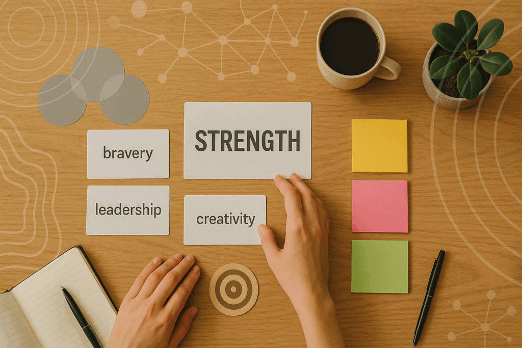 "Top view of a workspace with assessment cards, sticky notes, and reflection tools used in strengths based practice"