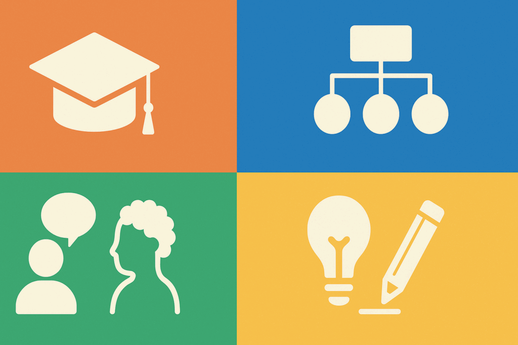 "Infographic with icons for education, business, therapy, and creativity, showing strengths based practice across fields"