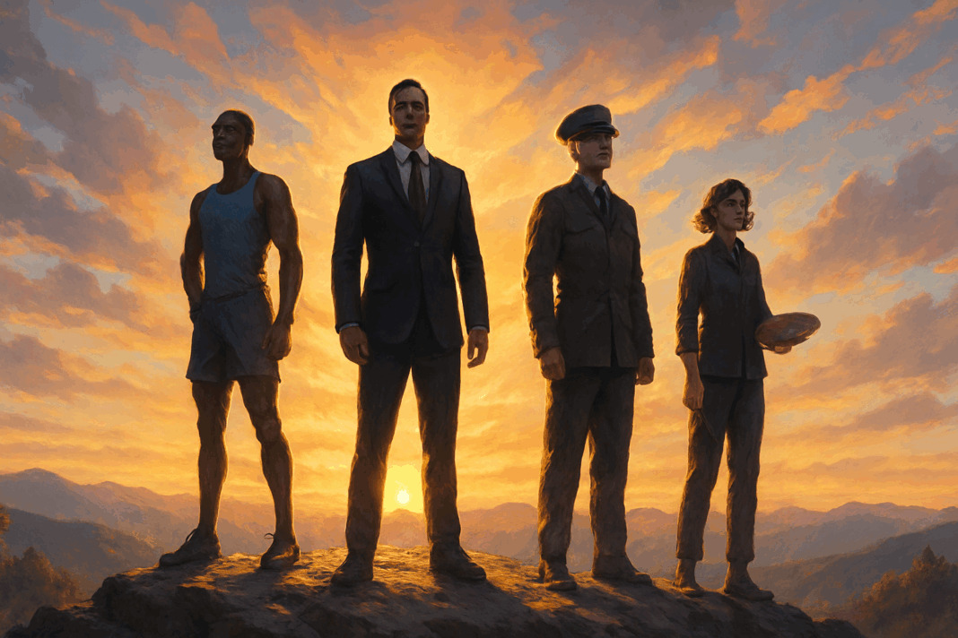 Athlete, CEO, military officer, and artist stand on a mountain summit at sunrise, each showing strong character features with calm focus.