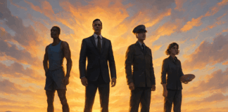 Athlete, CEO, military officer, and artist stand on a mountain summit at sunrise, each showing strong character features with calm focus.
