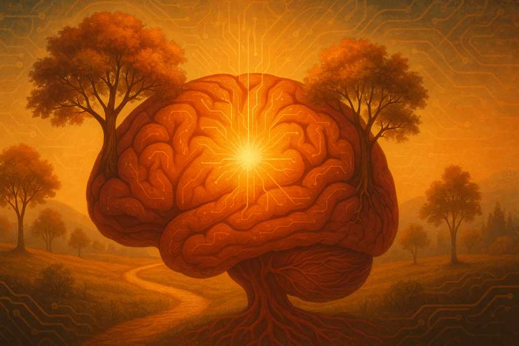 Brain-shaped tree glowing from the prefrontal cortex, symbolizing nature, resilience, and strong character features through neural pathways.