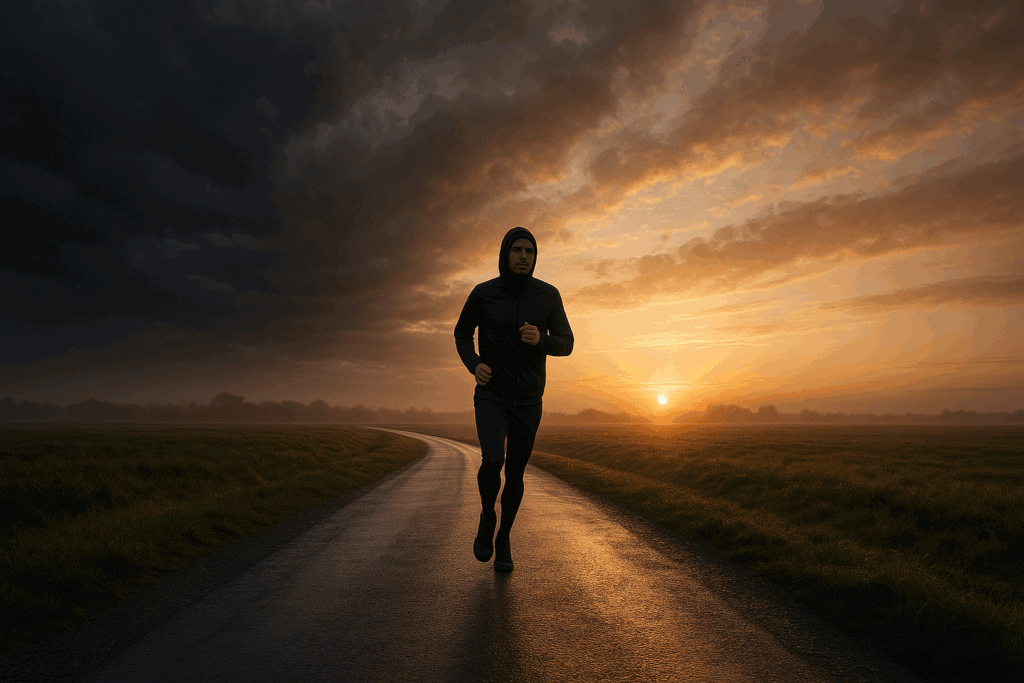 Runner training at sunrise on a winding path under shifting skies, symbolizing endurance and strong character features.