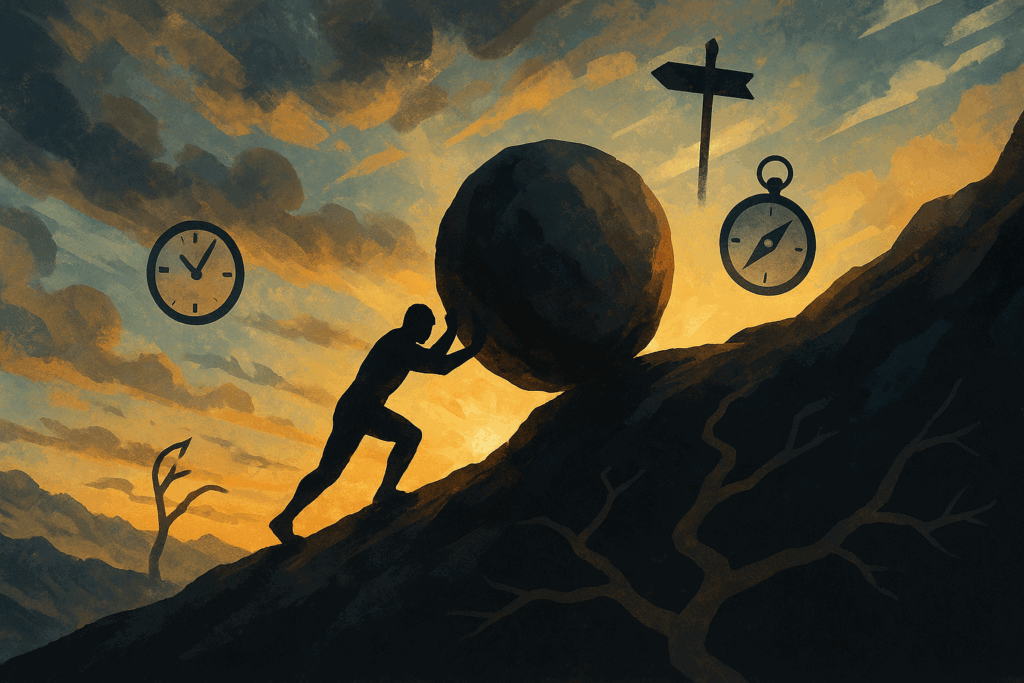 Silhouette pushing a boulder uphill under dramatic sky, surrounded by time and direction symbols, evoking strong character features.