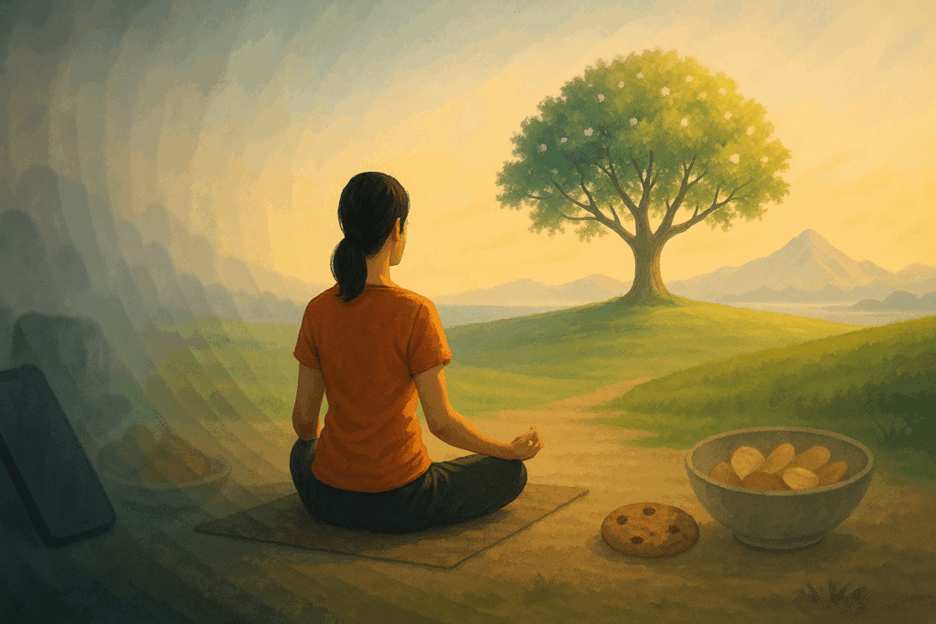 Person meditating calmly as distractions fade and a blooming tree symbolizes patience and strong character features.