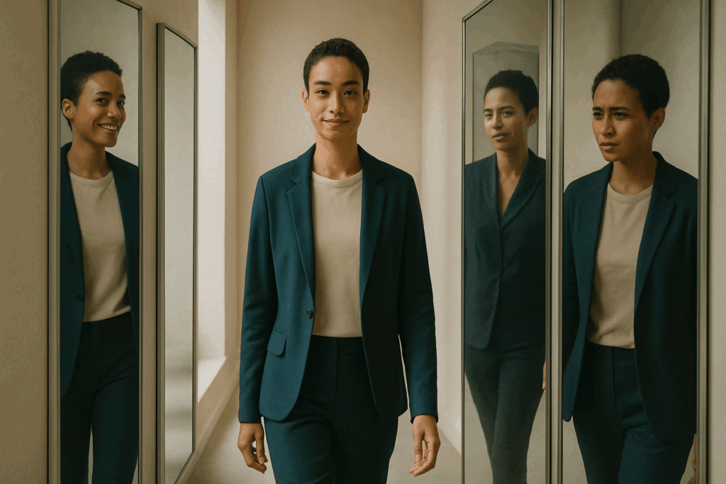 "Confident woman walking through mirrored corridor reflecting emotions, symbolizing authenticity and strong character features"