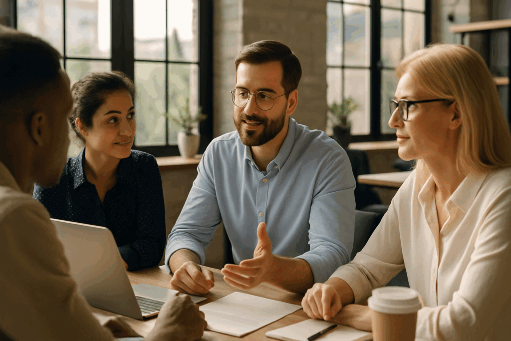 "Team collaborating in a sunlit office as a calm leader listens and guides, illustrating strong character features"