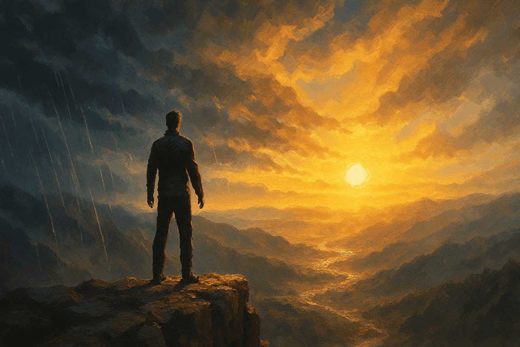 Strong person standing calmly on a mountain cliff at sunrise, facing storm and sunlit valley with composed determination.