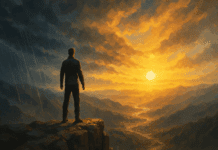 7 Powerful Traits That Define a Strong Person’s Mental Edge and Discipline Strong person standing calmly on a mountain cliff at sunrise, facing storm and sunlit valley with composed determination.