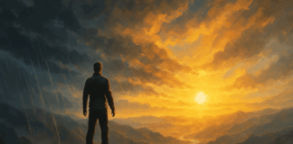 Strong person standing calmly on a mountain cliff at sunrise, facing storm and sunlit valley with composed determination.