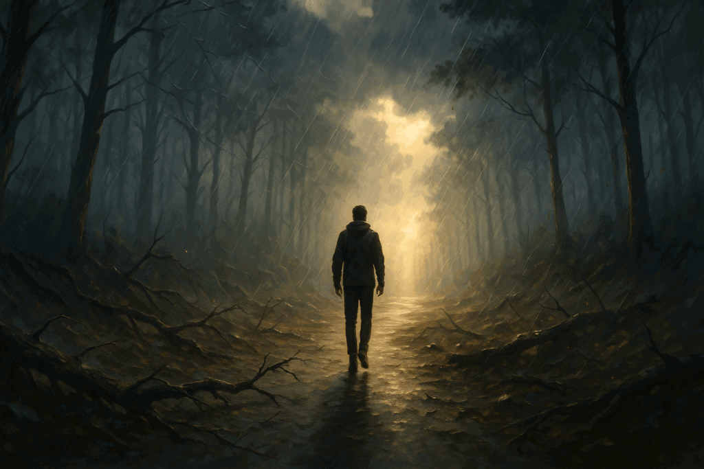A strong person walks upright through a stormy forest path toward sunlight, symbolizing resilience and inner strength amid adversity.