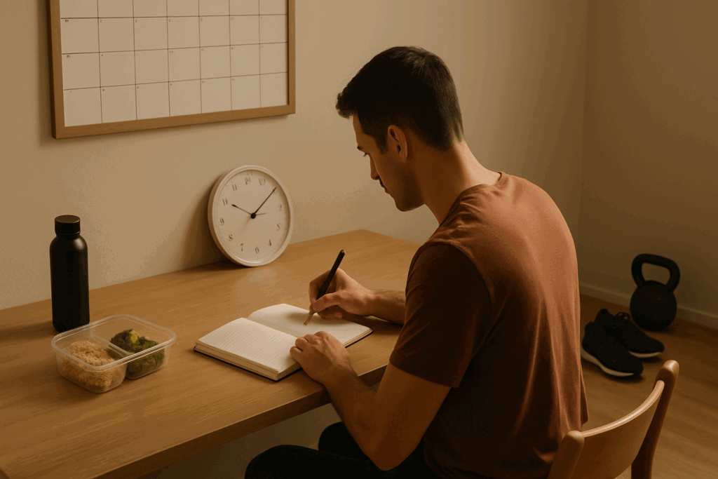 Focused man journaling at a tidy desk with meal prep, planner, and fitness gear, reflecting habits of a strong person.