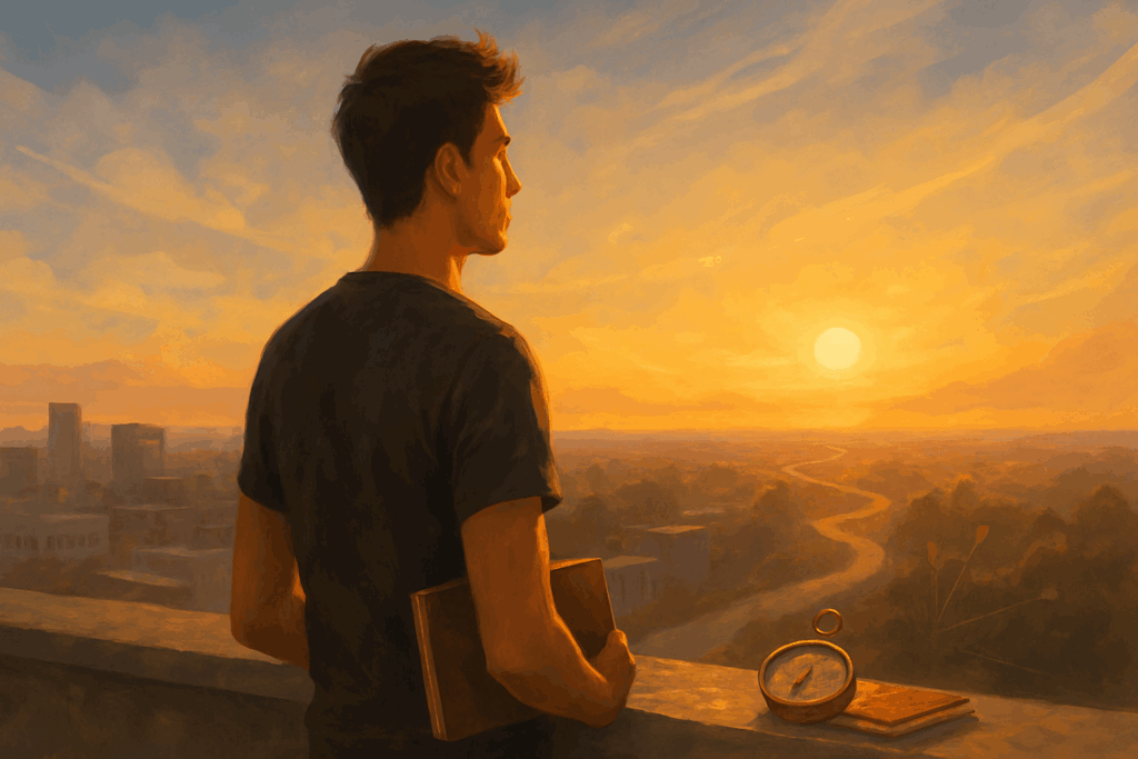 A strong person stands on a rooftop at sunrise, holding a journal and compass, gazing toward the horizon with purpose and clarity.
