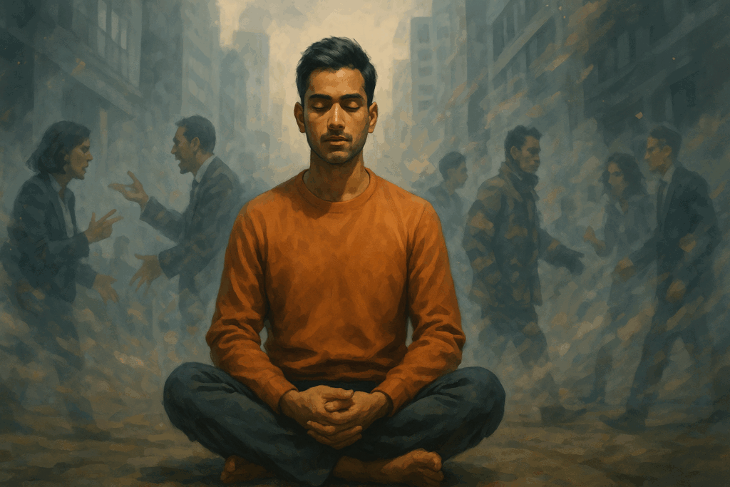 Man meditating calmly in the middle of workplace chaos, illustrating emotional control as a trait of a strong person.