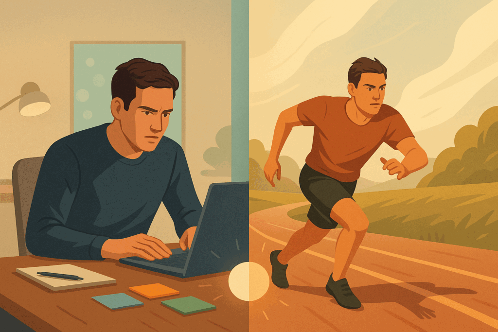 "Split scene of a strong person deeply focused at a desk on one side and agilely sprinting outdoors on the other"