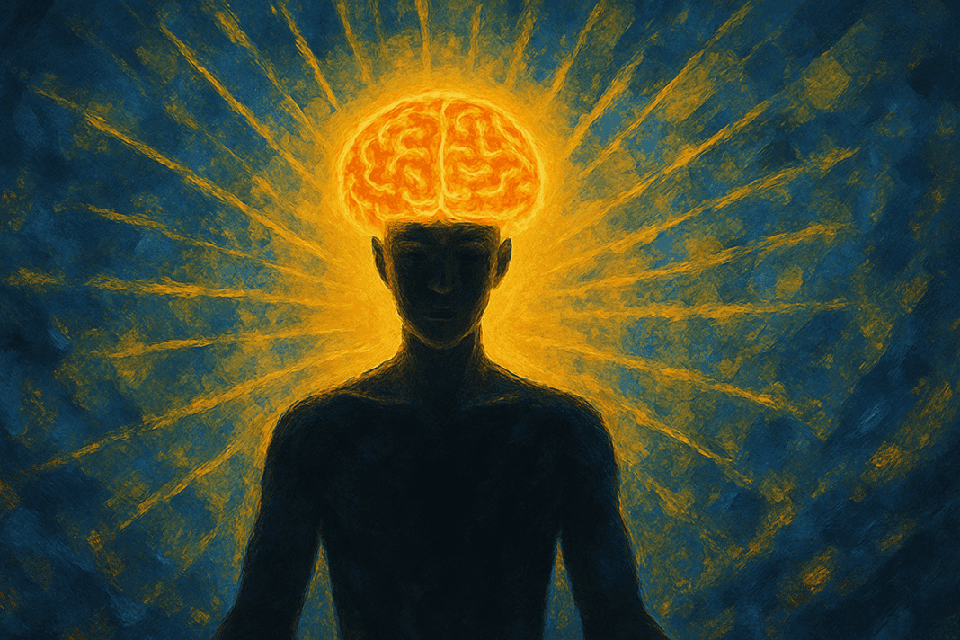 Glowing brain radiating light from a meditative figure, symbolizing mental clarity as the strongest character feature.