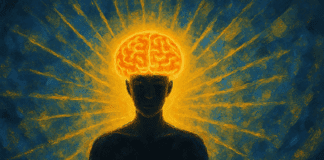 Glowing brain radiating light from a meditative figure, symbolizing mental clarity as the strongest character feature.