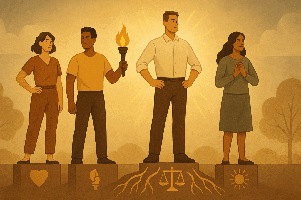 Illustrated figures stand on symbolic pillars representing virtues like courage and gratitude, each embodying a strongest character feature.