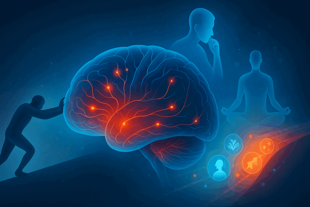 Glowing brain with neural pathways and silhouettes showing perseverance, focus, and calm—the strongest character feature in action.