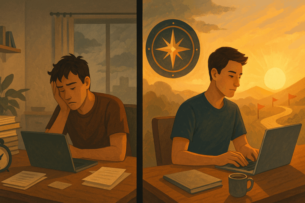 Split-screen showing a man's shift from distraction to focus, symbolizing how the strongest character feature drives discipline and progress.