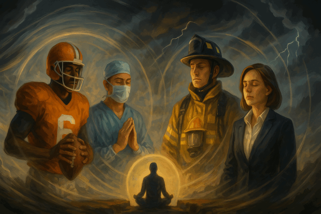 Athlete, surgeon, firefighter, and executive stay calm in a stormy scene, each embodying the strongest character feature.