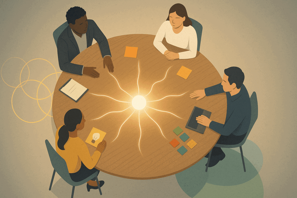 "Diverse team around a round table with glowing lines symbolizing collaboration and each person’s strongest character feature"