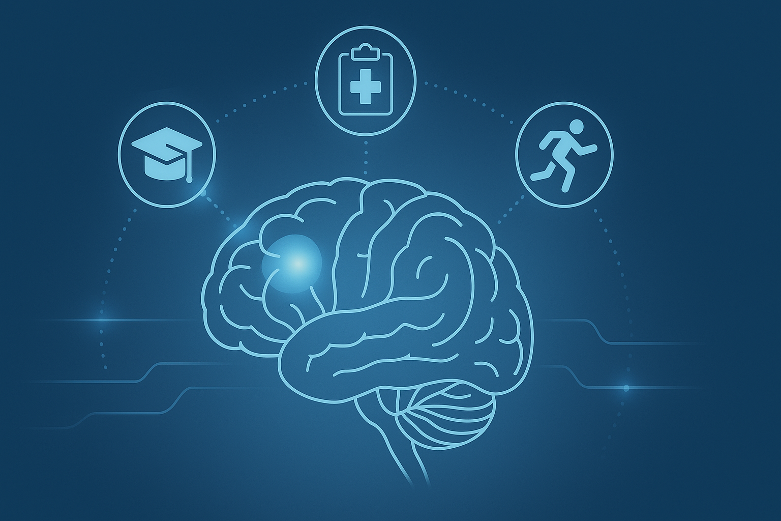 "Illustration of a glowing brain with highlighted focus areas linked to icons for school, health, and sports, symbolizing strongest character feature"
