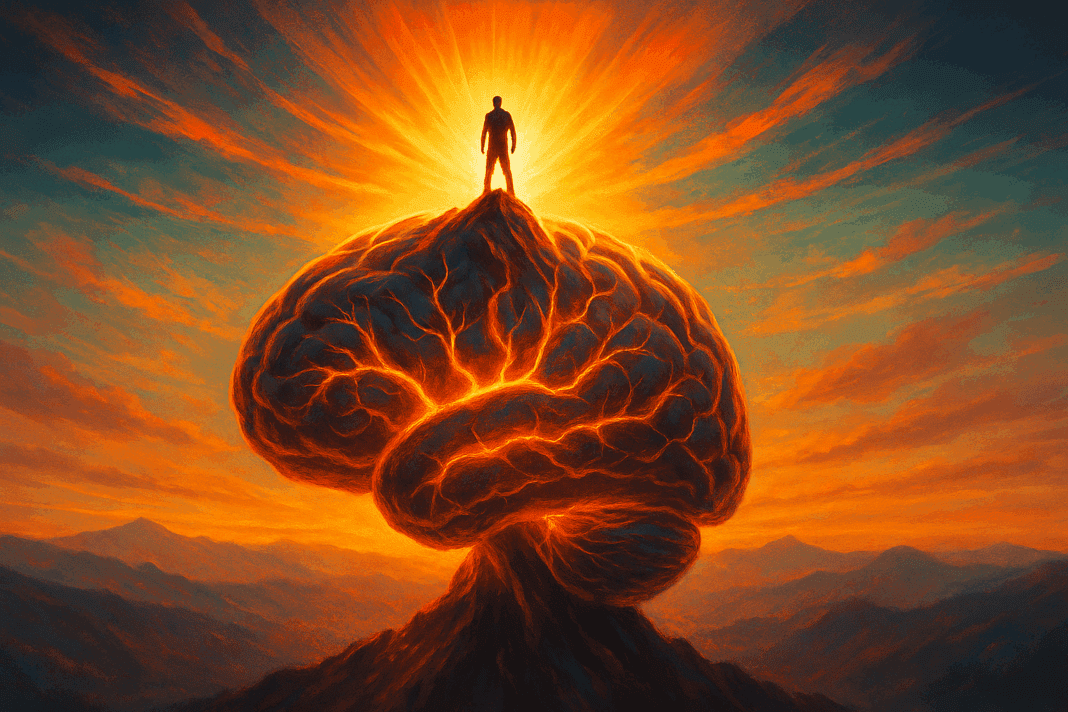 Surreal sunrise scene of a human brain forming a mountain peak with glowing neural paths and a person standing on top, symbolizing the secret of becoming mentally strong.