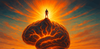 Surreal sunrise scene of a human brain forming a mountain peak with glowing neural paths and a person standing on top, symbolizing the secret of becoming mentally strong.