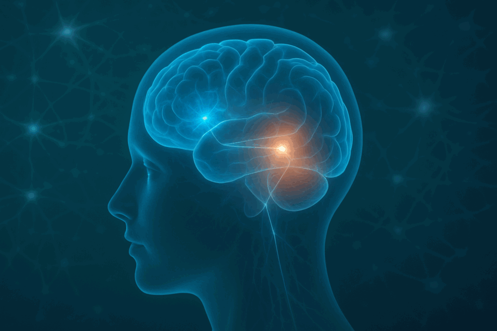 Side-profile of a semi-transparent human head showing brain regions linked by light pulses, visualizing the secret of becoming mentally strong.