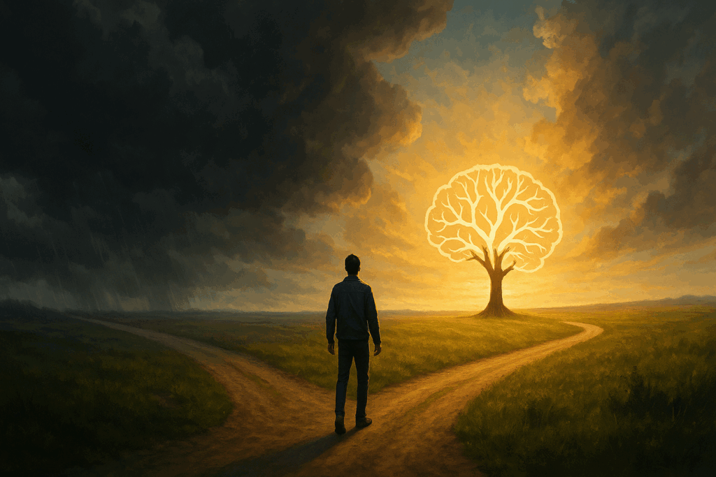Person at a crossroads under stormy skies choosing a sunlit path toward a brain-shaped tree, symbolizing the secret of becoming mentally strong.
