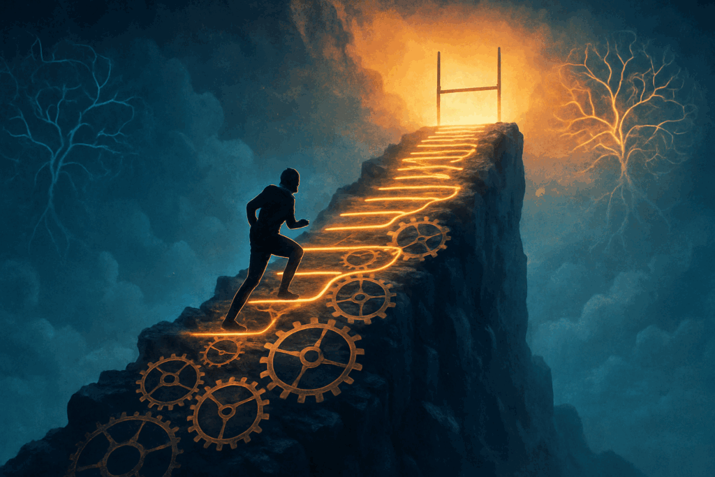 Person climbing glowing gear-steps into the sky toward a goalpost, symbolizing the secret of becoming mentally strong.