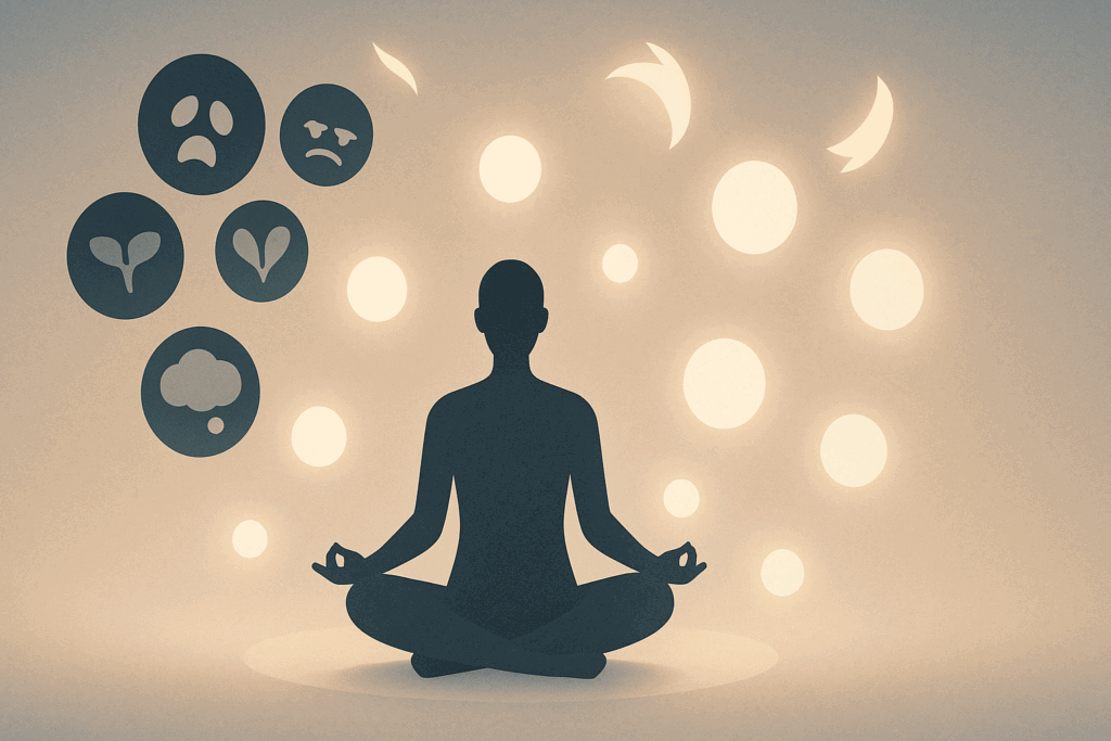 Person meditating in soft ambient light, releasing icons of fear, envy, and self-pity—symbolizing the secret of becoming mentally strong.