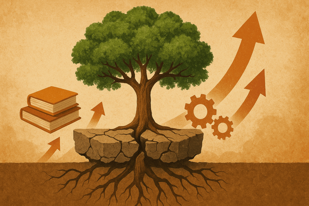 Cracked stone base transforming into a thriving tree with gears, books, and arrows symbolizing the secret of becoming mentally strong through growth from failure.