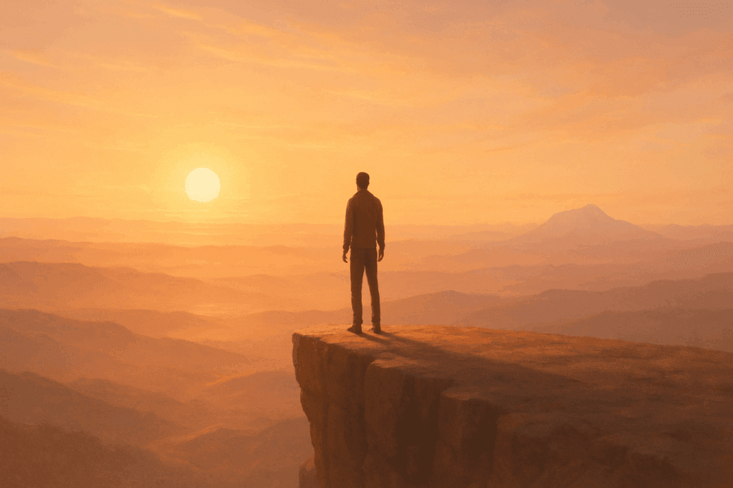 thirteen things mentally strong people always do (1) Man standing peacefully on a sunlit cliff at sunrise, symbolizing resilience and clarity—thirteen things mentally strong people always do.