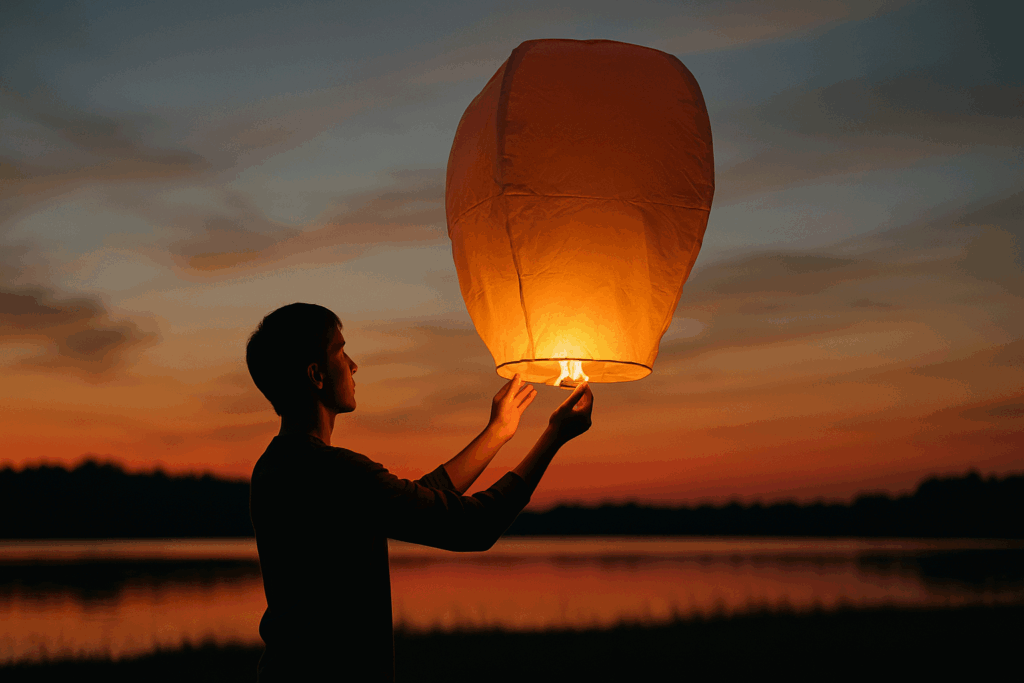Person releasing a glowing lantern at sunset over a lake, symbolizing emotional release—one of thirteen things mentally strong people always do.