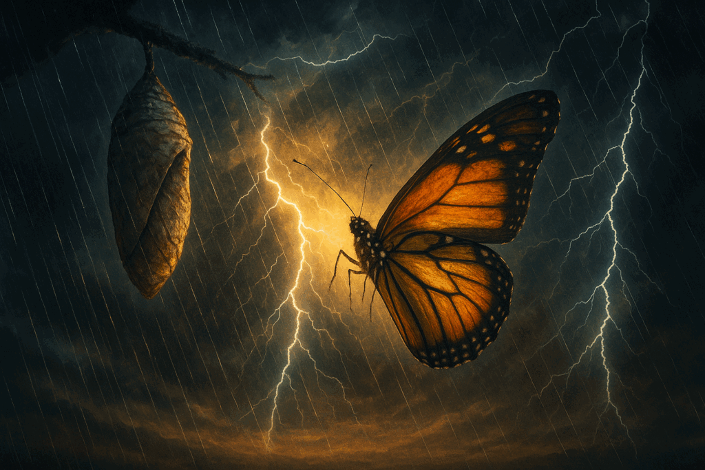 Butterfly emerging from a cocoon during a storm, symbolizing one of thirteen things mentally strong people always do—embracing discomfort for growth.