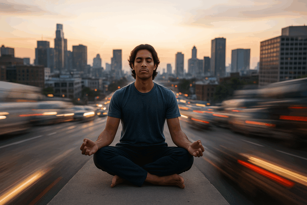 Man meditating on a rooftop at sunrise, unfazed by traffic below, embodying clarity—one of thirteen things mentally strong people always do.