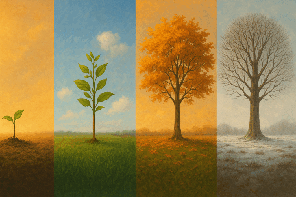 A seed grows into a full tree through the seasons, symbolizing growth and patience—core to thirteen things mentally strong people always do.