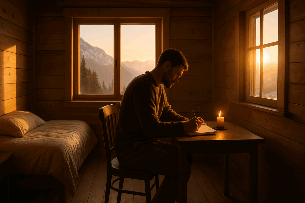 Man journaling by candlelight in a quiet mountain cabin at sunrise, reflecting on thirteen things mentally strong people always do.