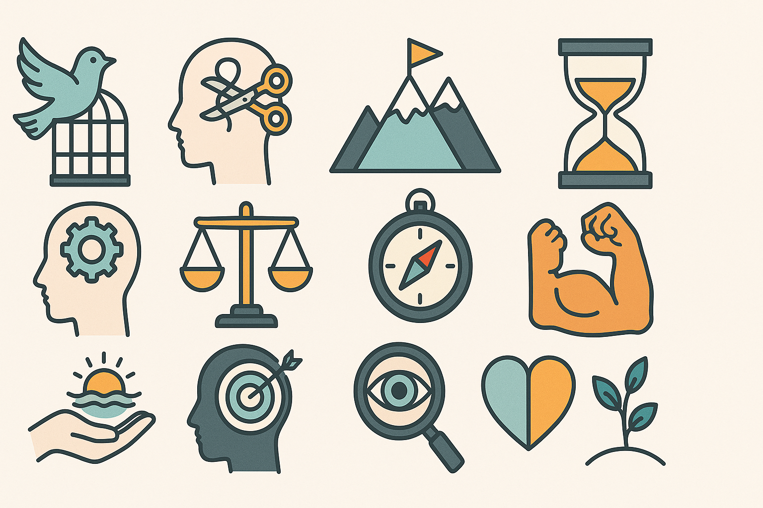 Symbolic infographic of thirteen habits, including letting go, goal-setting, patience, and self-growth, illustrating thirteen things mentally strong people always do.