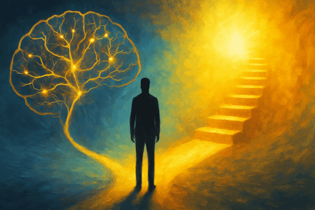 why should we care about mental health (1) Silhouetted person at the fork of two glowing paths—one a brain with neurons, the other rising steps—symbolizing why should we care about mental health.