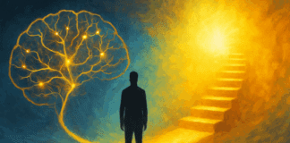 The Critical Link Between Motivation and Mental Health: Why Should We Care About Mental Health for Peak Performance Silhouetted person at the fork of two glowing paths—one a brain with neurons, the other rising steps—symbolizing why should we care about mental health.