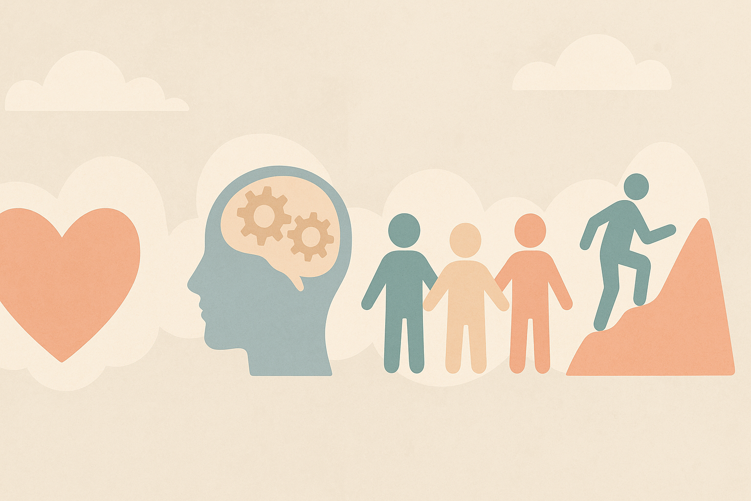 Conceptual illustration of why should we care about mental health, showing heart, brain with gears, people holding hands, and a person climbing a mountain.
