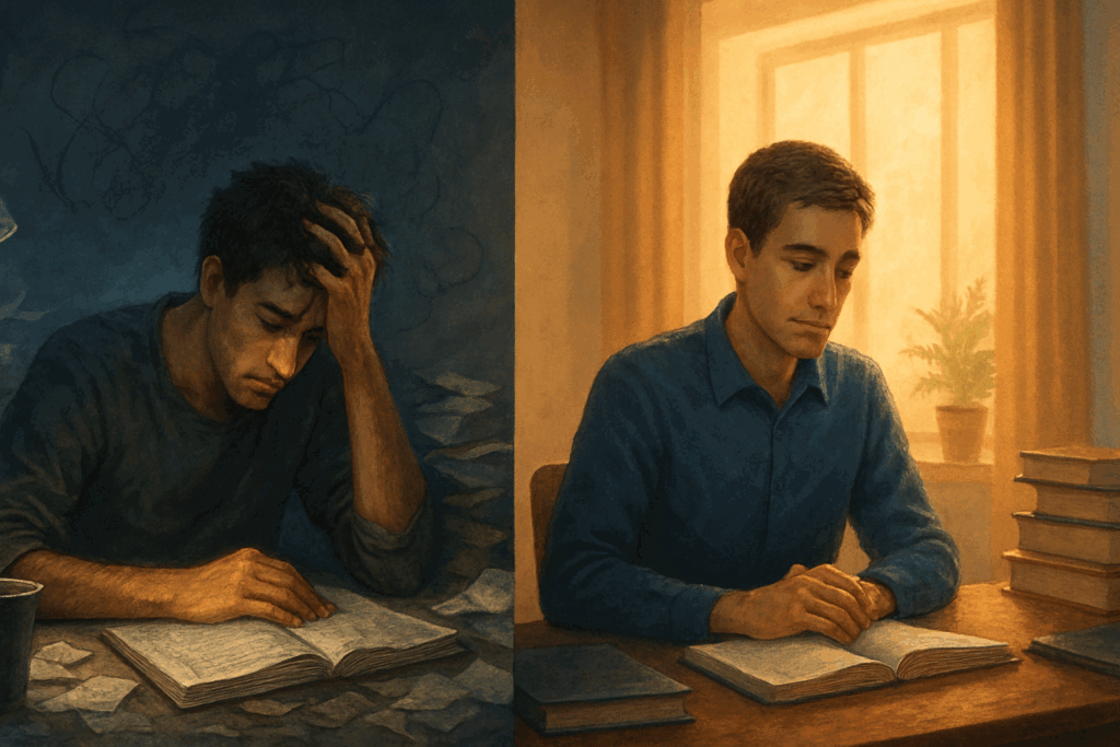 Side-by-side scene showing student burnout versus calm focus, illustrating why should we care about mental health.