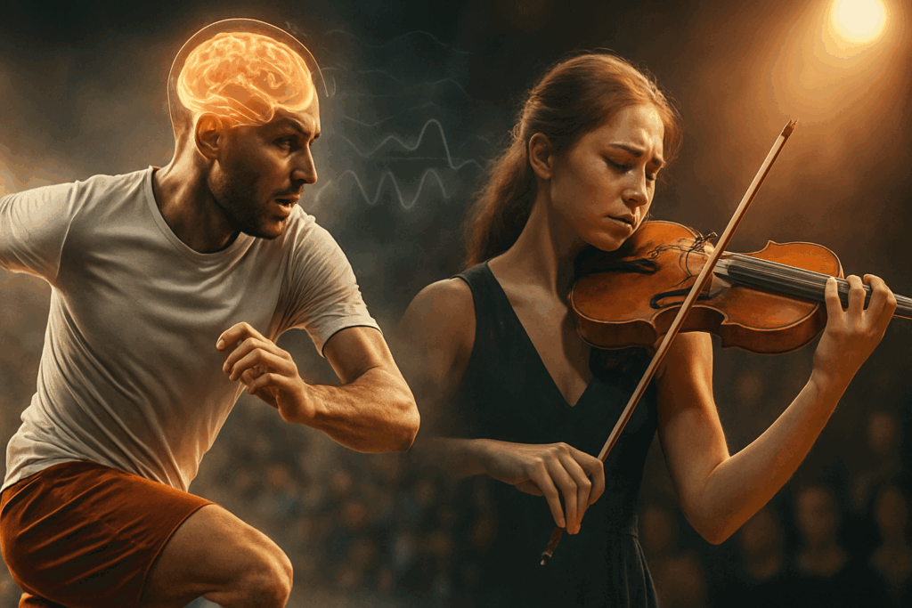Athlete mid-sprint and violinist performing under spotlights, illustrating why should we care about mental health in sports and arts.